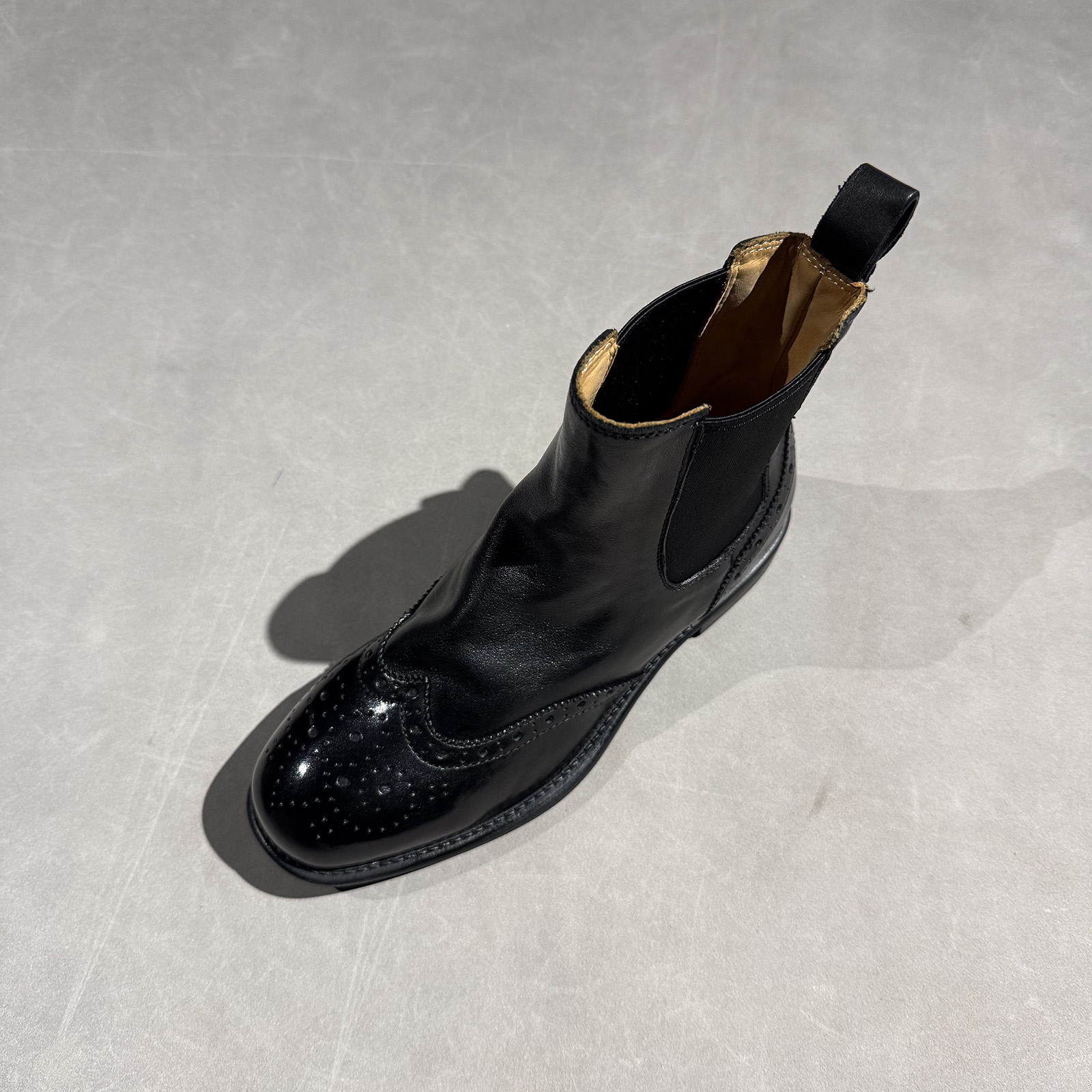 粗跟基础款布洛克花雕水洗牛皮切尔西一脚蹬青年文艺欧美女靴5969