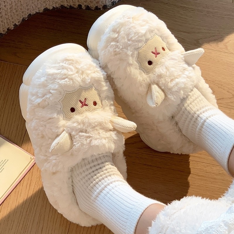 秋冬季棉拖鞋可爱卡通小羊男女室内家居厚底防滑月子大童加绒毛毛