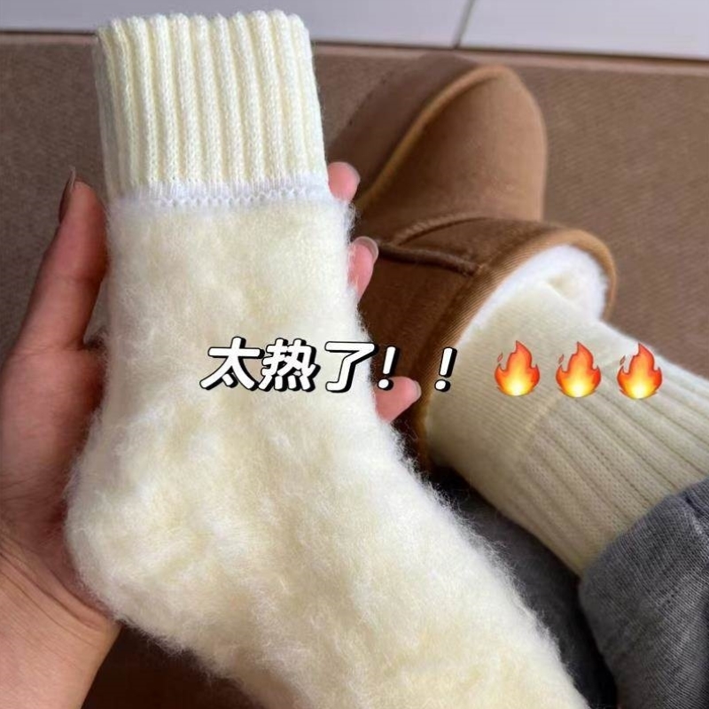 羊绒袜子女秋冬季中筒袜加绒加厚羊毛月子袜新款保暖冬天长袜