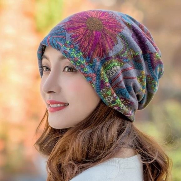 花朵帽子女秋冬天韩版保暖休闲套头帽两用帽围脖套护耳帽包头帽