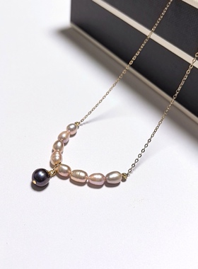 D487# 天然淡水珍珠小米珠项链4.5mm 黑珍珠6.5mm