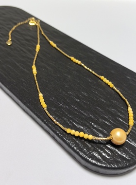 D1455# 天然真多麻海水珍珠项链 金珠锁骨链滚运珠10mm配原矿蜜蜡