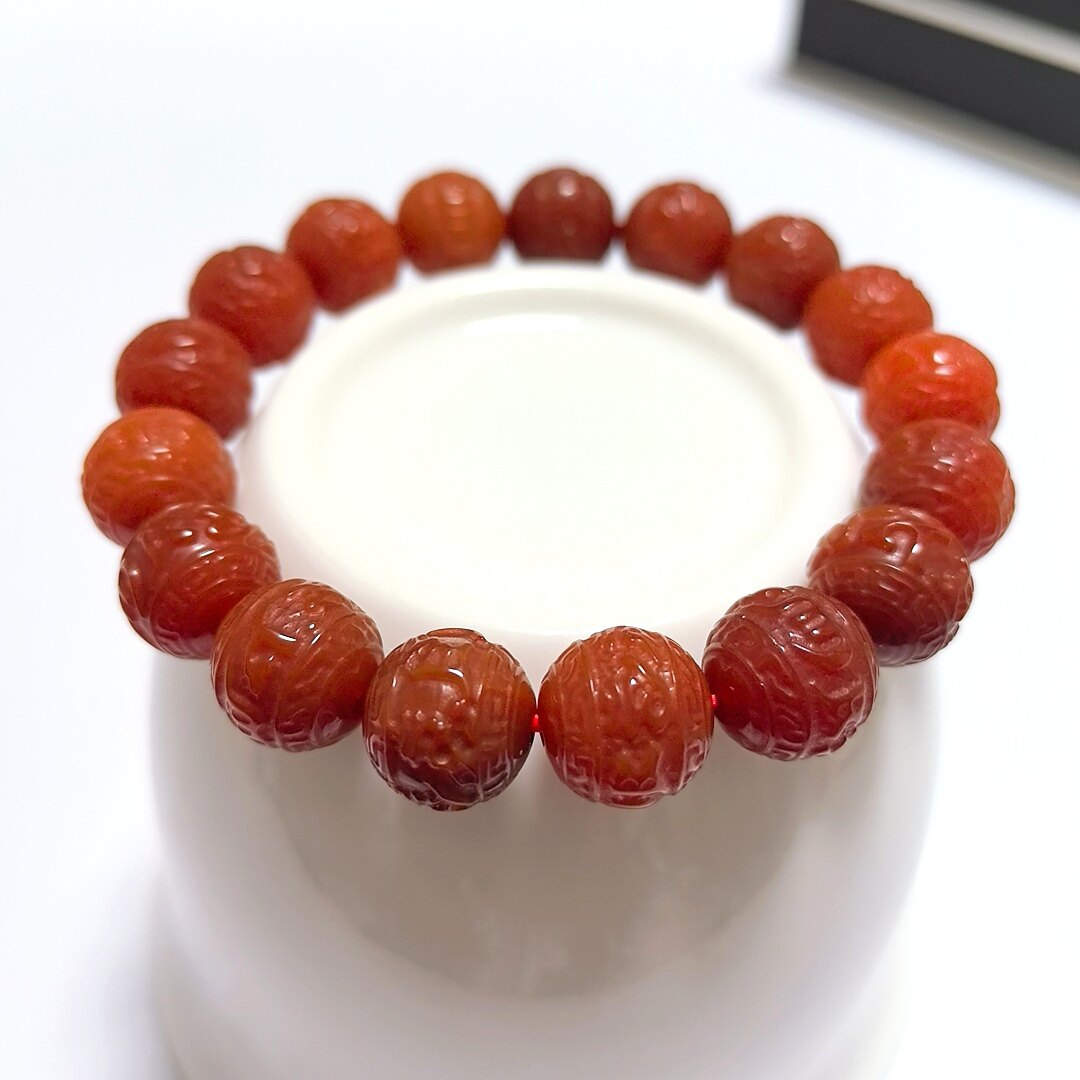 S95# 天然保山南红精工雕刻回纹珠单圈手链 手串12mm 重量35.23克