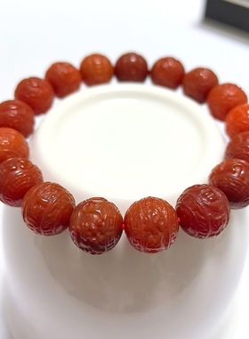 S95# 天然保山南红精工雕刻回纹珠单圈手链 手串12mm 重量35.23克