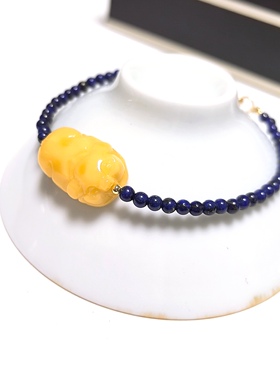 S225# 天然原矿蜜蜡青金石手链3.3mm 配蜜蜡小猪20.5*13*8mm