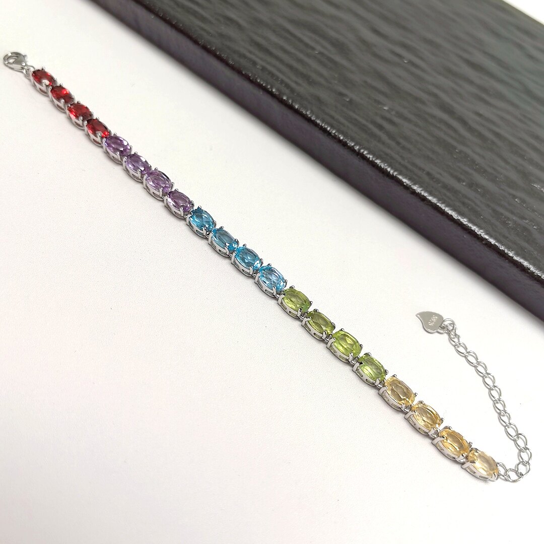 S453# 通体S925纯银精工镶嵌彩色宝石手链  红石榴石 紫水晶