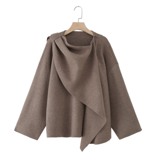 新品 短款 女装 气质围巾领纯色针织衫 大衣披肩外套 设计感时尚 26春季