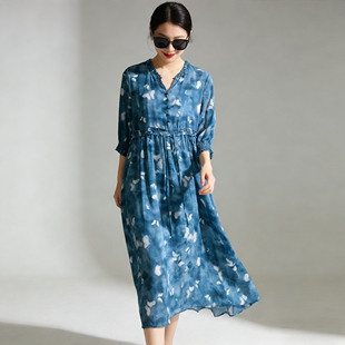 尾 怀旧蓝色蝴蝶大摆宽松双绉真丝连衣裙100桑蚕丝 中袖