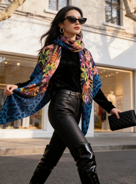 孤品特价【HL】超大斜纹蓝色柔软印花纯羊毛大方巾围巾