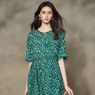 尾货特价  蓝绿太阳花中袖大摆宽松双绉真丝连衣裙100桑蚕丝