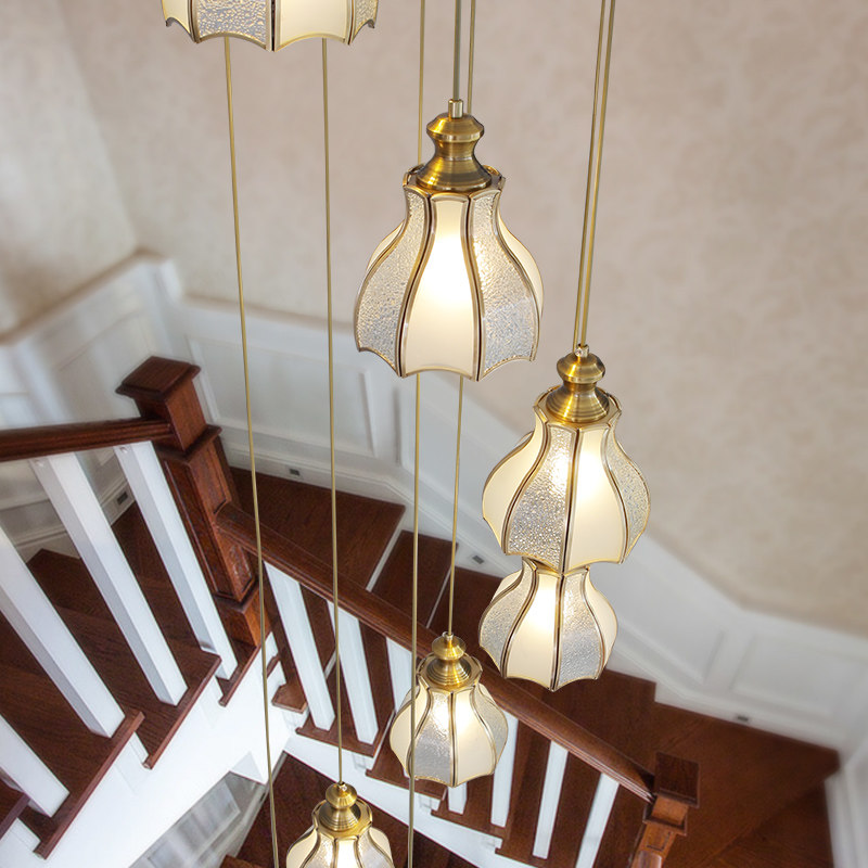 楼梯长吊灯美式简约公寓复式楼梯间全铜欧式轻奢跃层中空别墅吊灯