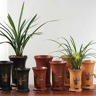 仿古风印花仿紫砂花盆兰花优质树脂花盆有侧孔底座兰花盆专用