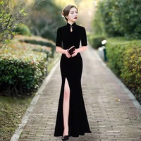形體禮儀旗袍女士黑色絲絨長(zhǎng)款高檔優(yōu)雅魚尾裙改良走秀連衣裙