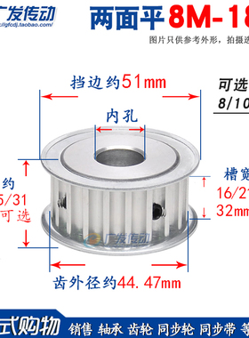 两面平 8M18齿/T 8M同步轮 AF型 槽宽16/21/27/32/42 内孔8/10/12