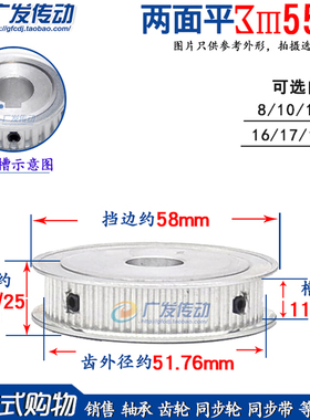 3M55齿 两面平 槽宽11/16/21同步带轮AF两面平同步轮内孔8-40mm