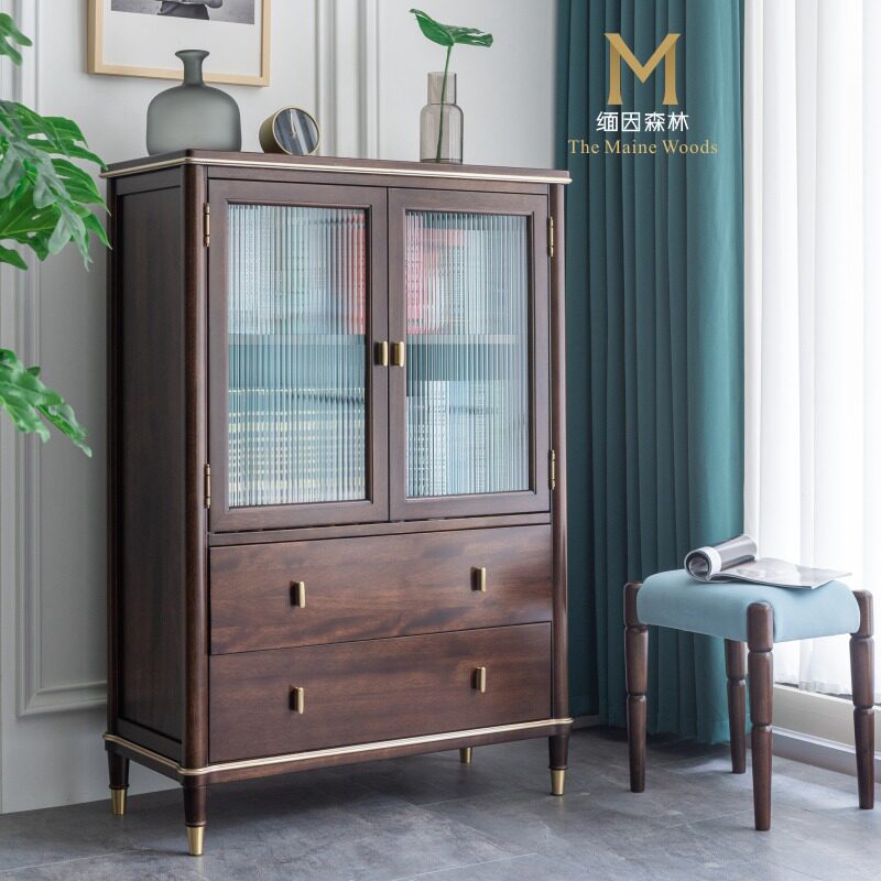 全实木玻璃边柜客厅酒柜红胡桃木美式简约轻奢新中式缅因森林北欧