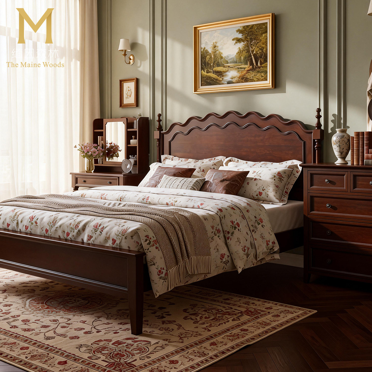 纯实木床双人床1.8米卧室家具黑胡桃色简约美式复古风