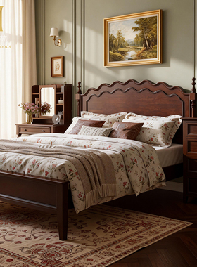 纯实木床双人床1.8米卧室家具黑胡桃色简约美式复古风