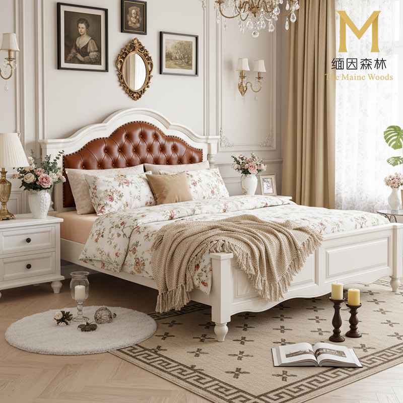 美式复古皮床白色欧式实木床纯实木真皮大气双人床卧室家具