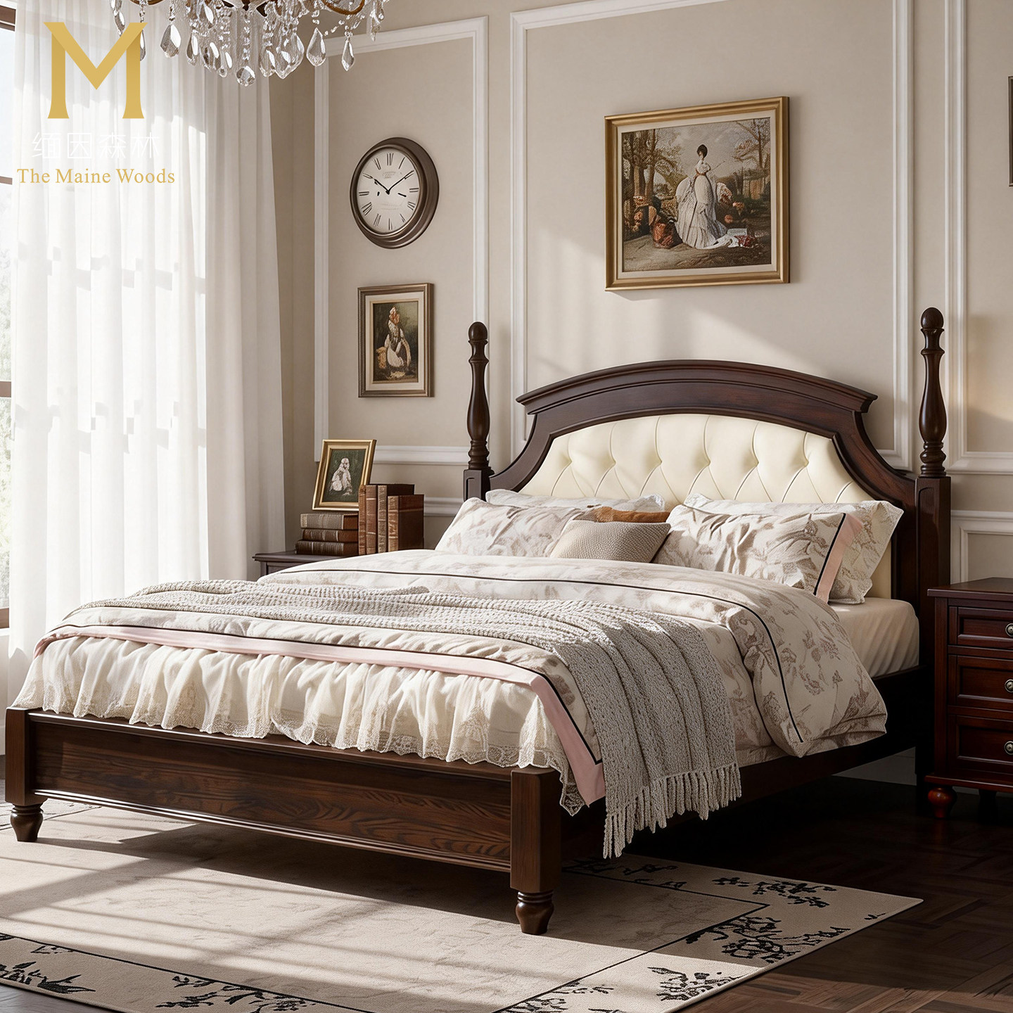 美式真皮床实木床复古头层牛皮主卧大床1米8双人床政府补贴白色