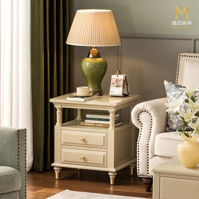 暖月白边几 沙发边几法式复古客厅小茶几奶油风黄铜实木迷你柜