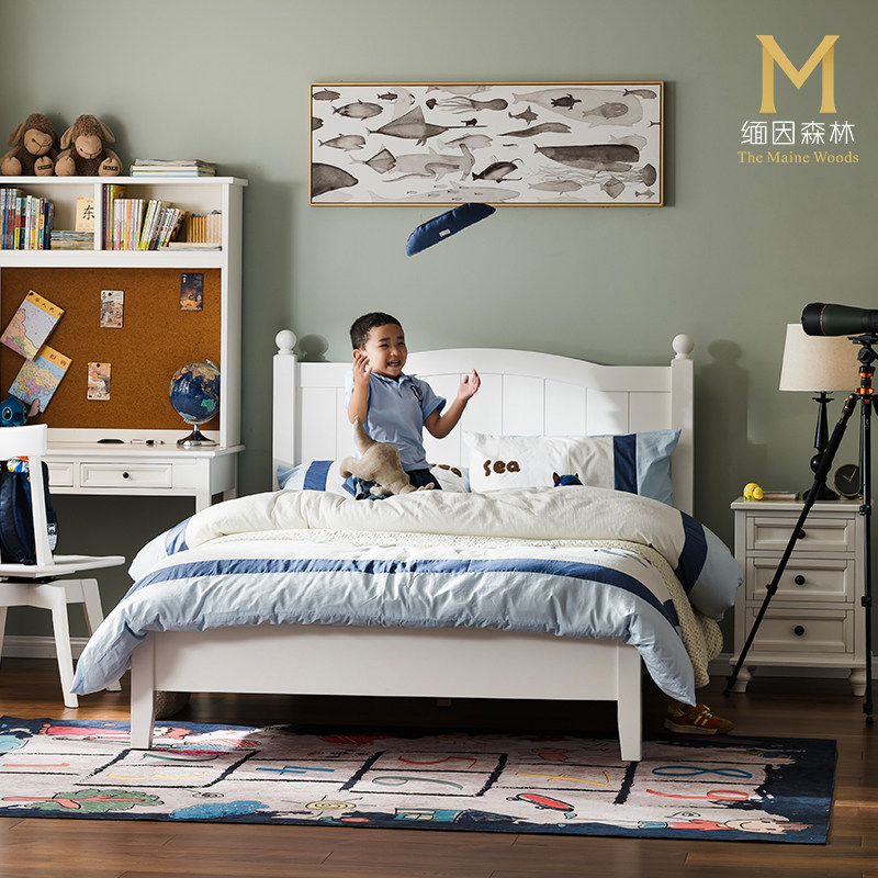白色美式儿童床水性漆纯实木男孩床单人床1.2m1.35米1.5米环保