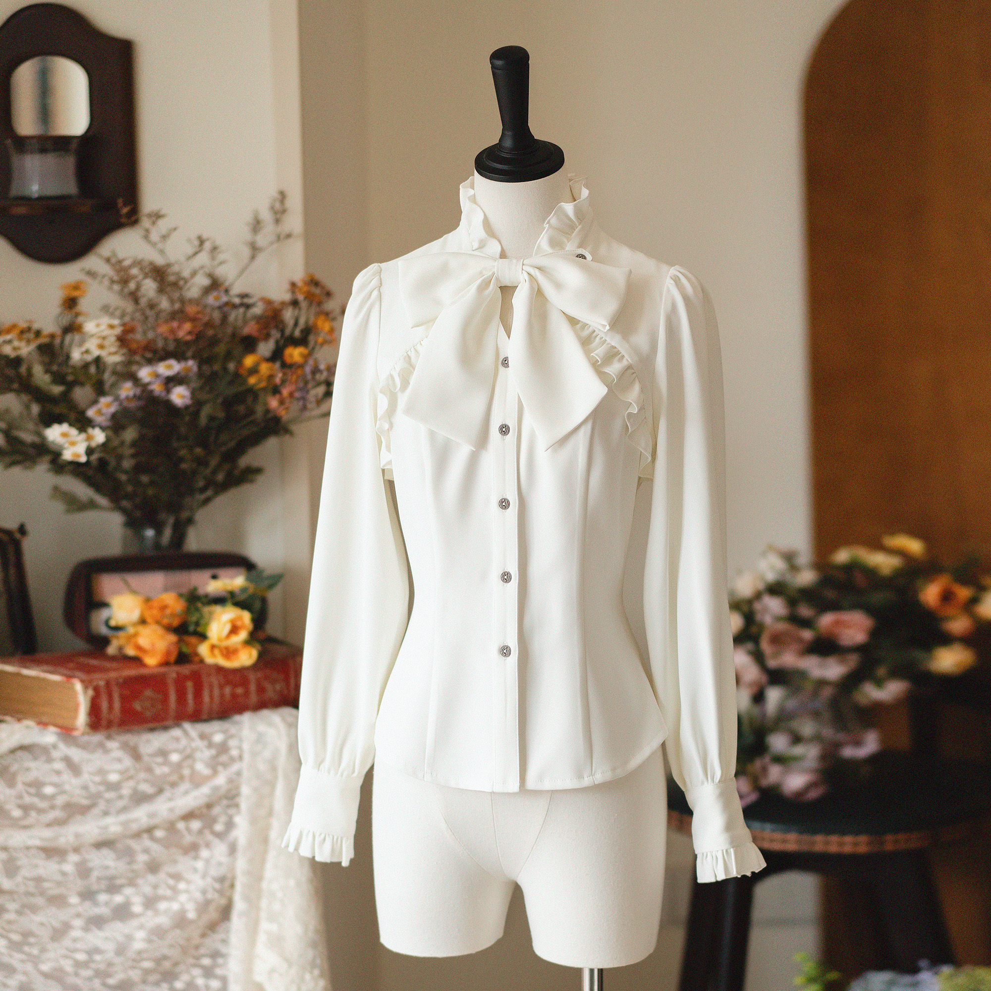 【森林信笺】森林衣橱原创复古荷叶边小立领衬衣可拆卸领结