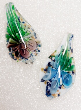 孤品手作琉璃吊坠 国风唯美叶子 双色花朵diy饰品配件坠子