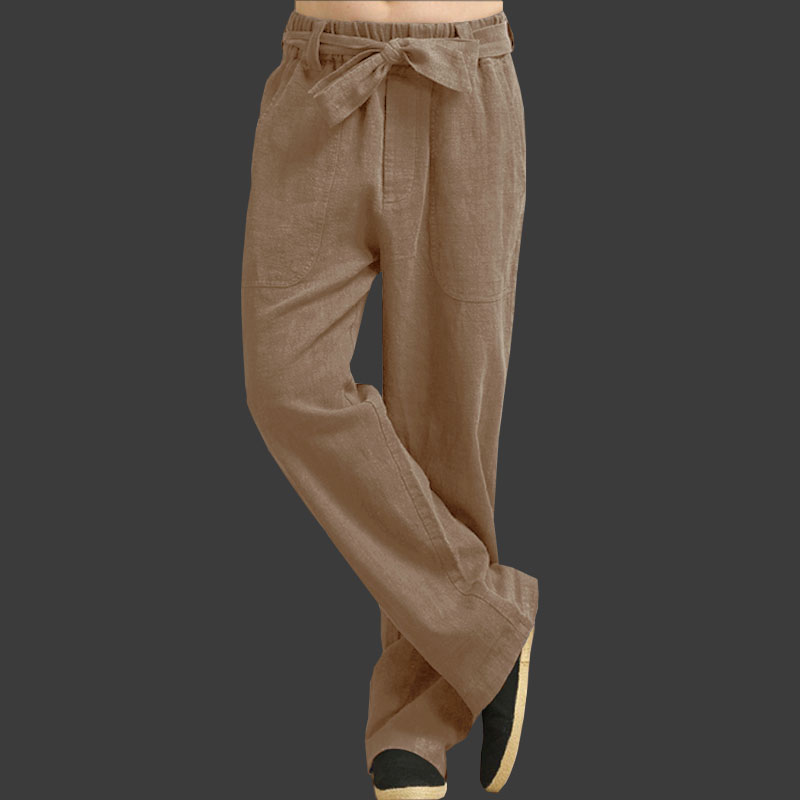 夏季男士亚麻松紧长裤夏薄凉快百搭时尚棉麻直筒裤肥佬胖子大码潮