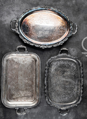 8.12 T组 精品 西式古董复古VINTAGE 镀银带把大餐盘 家居旧物