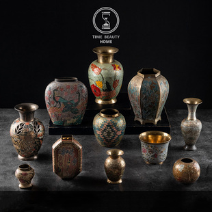 古董复古VINTAGE 精 软装 4.27 饰摆件 黄铜漆彩花瓶 V组 道具装