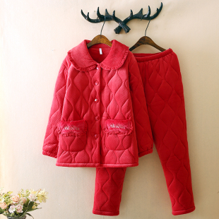 冬季女款睡衣三层加厚法兰绒大红色喜庆夹棉袄翻领保暖家居服套装