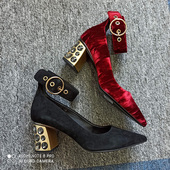 Three shopCDF轻奢大闪钻丝绒面性感尖头粗跟女单鞋 flower