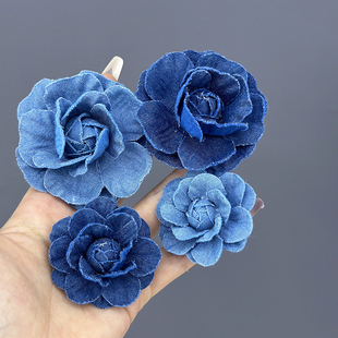 复古牛仔布艺花朵胸针复古森女系文艺山茶花别针深蓝浅蓝胸花配饰