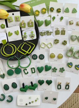 新款夏季小清新绿茶系耳环网红气质耳饰高级感墨绿色百搭耳钉