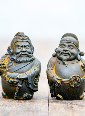 创意新中式文武财神仿铸铁铁锈迷你桌面小摆件书房客厅茶台