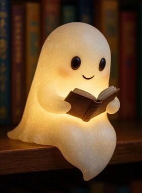 Cute Ghost Reading Book Lamp可爱的幽灵阅读万圣节幽灵夜灯摆件