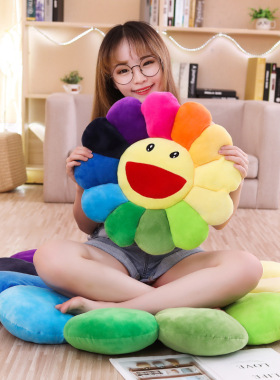 新款七彩太阳花抱枕笑脸表情太阳花瓣毛绒坐垫办公室沙发靠垫抱