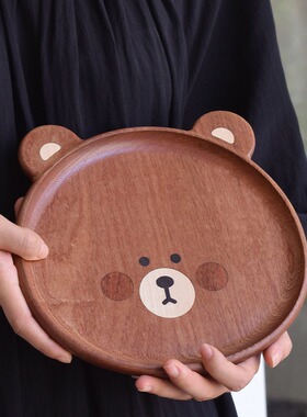 胡桃木小熊托盘实木早餐盘儿童辅食盘家用水果点心托盘木质托盘