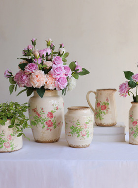 复古花瓶陶瓷粉花绿植多肉花盆裂纹花瓶水培花器陶釉花瓶批发