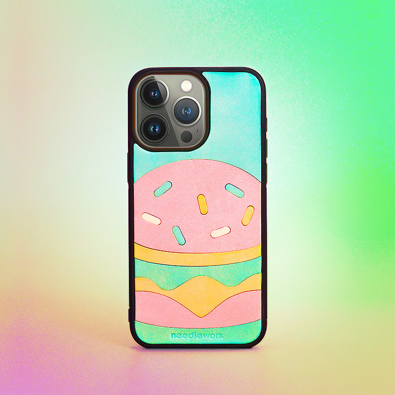 两针一线原创汉堡包适用苹果16promax新款手机壳套可爱情侣高级感iphone15promax真皮挂绳斜挎14pro保护套