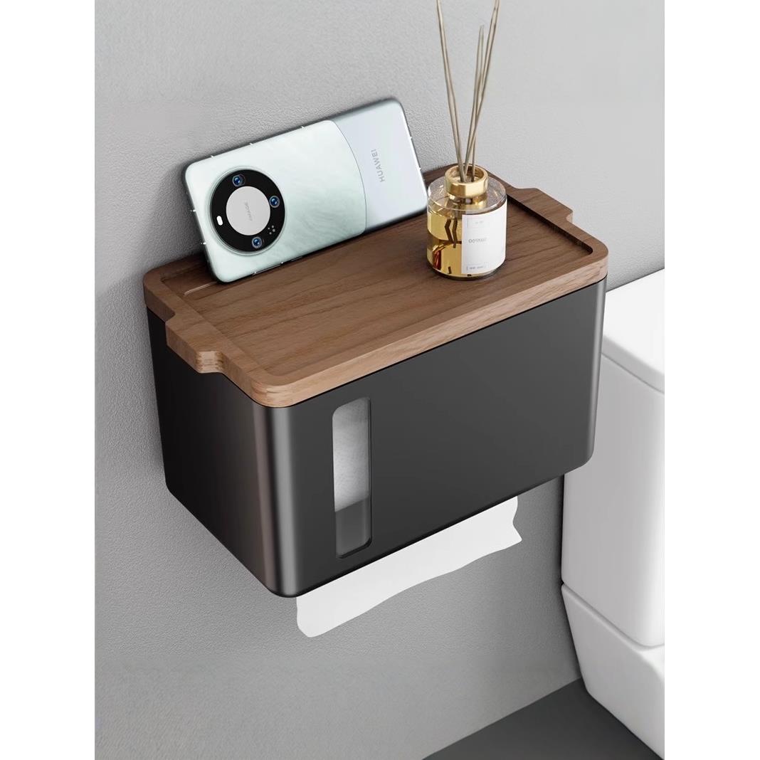 胡桃木卫生间纸巾盒壁挂式厕所手纸抽卷纸架免打孔置物架实木收纳