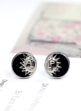 原创太阳神纯银男耳钉单只潮黑色耳环个性女韩国气质简约高级感