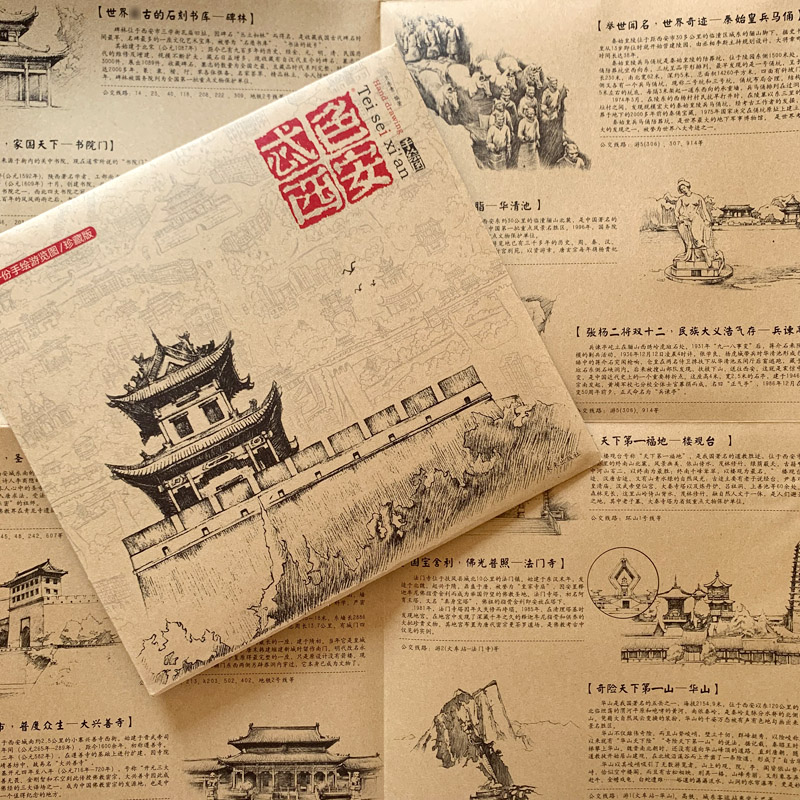 西安手绘地图  陕西旅游景点攻略 忒色英语城市旅行 回民街美食