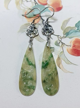 3363号新中式天然缅甸翡翠a货高冰黄加绿仿古银耳环一图一物