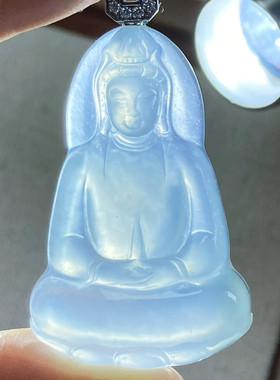 2374号18k白金天然缅甸翡翠a货高冰木那针状点绵蓝刚观音一图一物