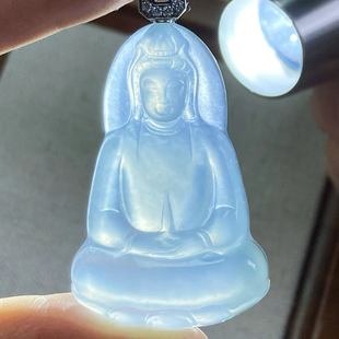 2374号18k白金天然缅甸翡翠a货高冰木那针状点绵蓝刚观音一图一物