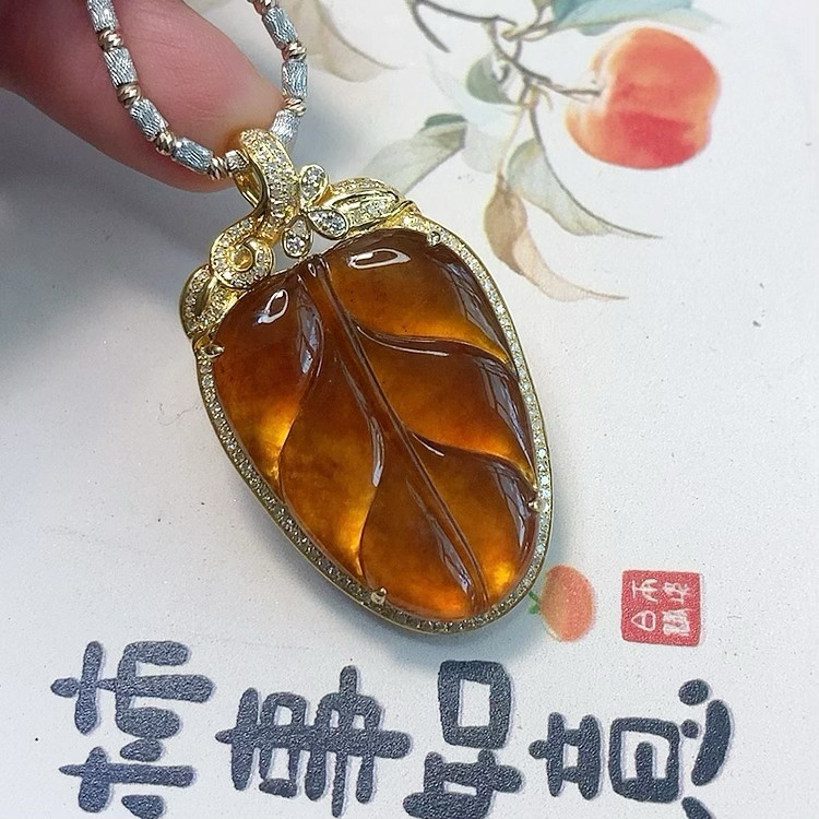 0006号天然缅甸翡翠a货冰玻种红翡叶子金枝玉叶18k金钻石镶嵌