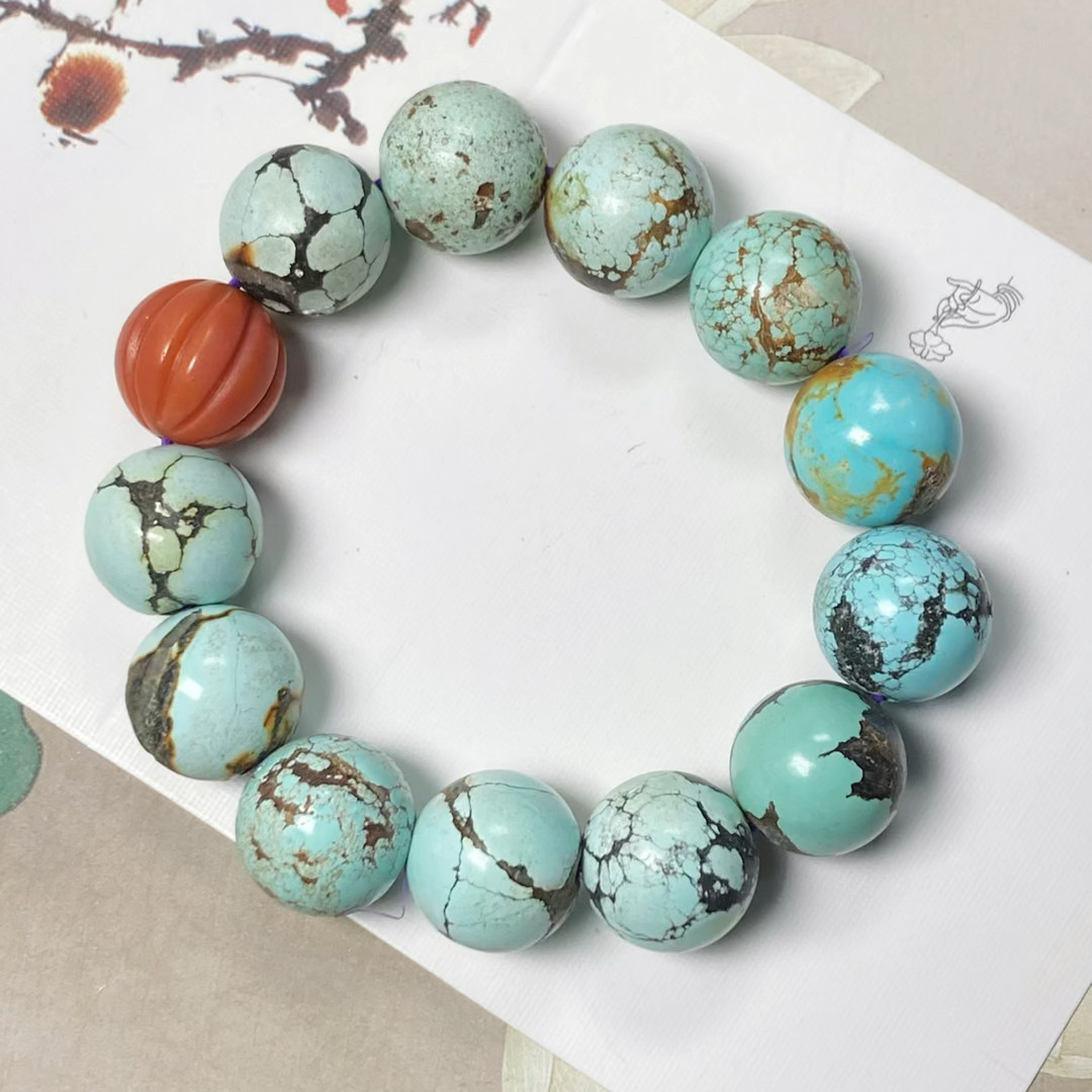 SS01010天然无优化湖北原矿绿松石15mm配保山南红南瓜珠一图一物