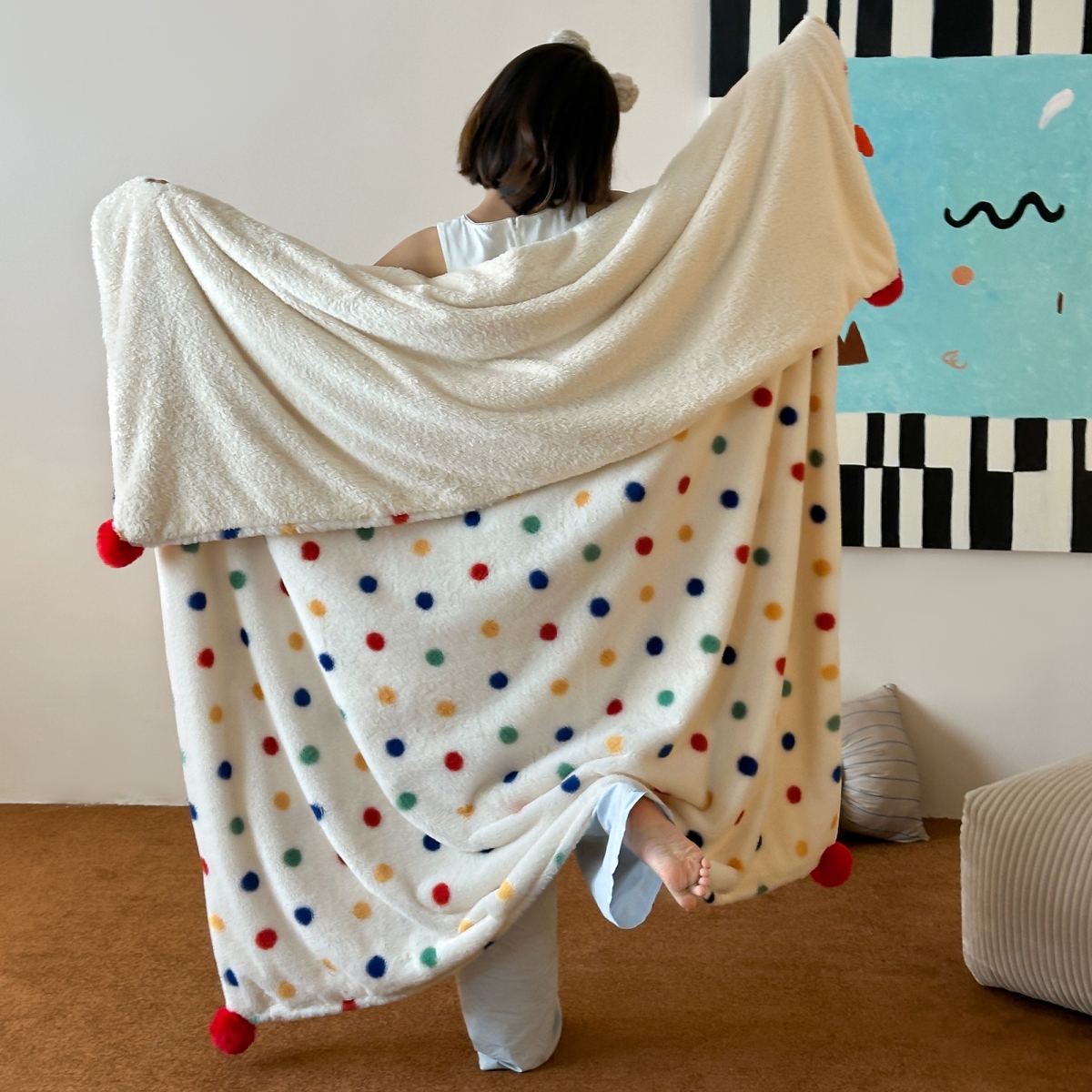 可爱波点毛球毯子 秋冬保暖盖毯ins风简约蝴蝶结单人毯子沙发毯子